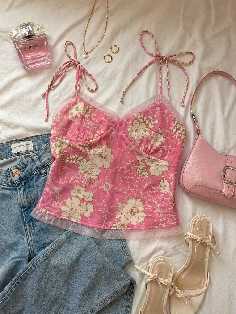 Vintage Y2K Wet Seal Pink Floral Cami Top Size Small Coquette Mesh Trim Tie Rare